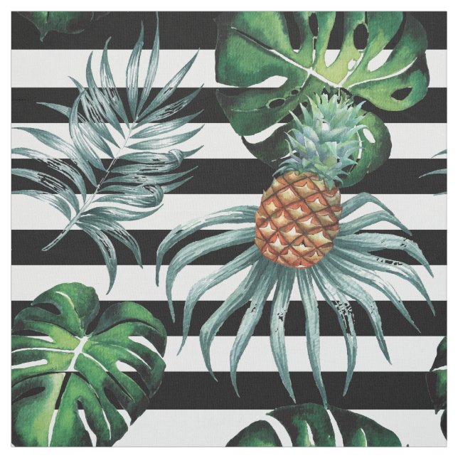 Watercolor tropical pineapple with black stripes fabric (Swatch)