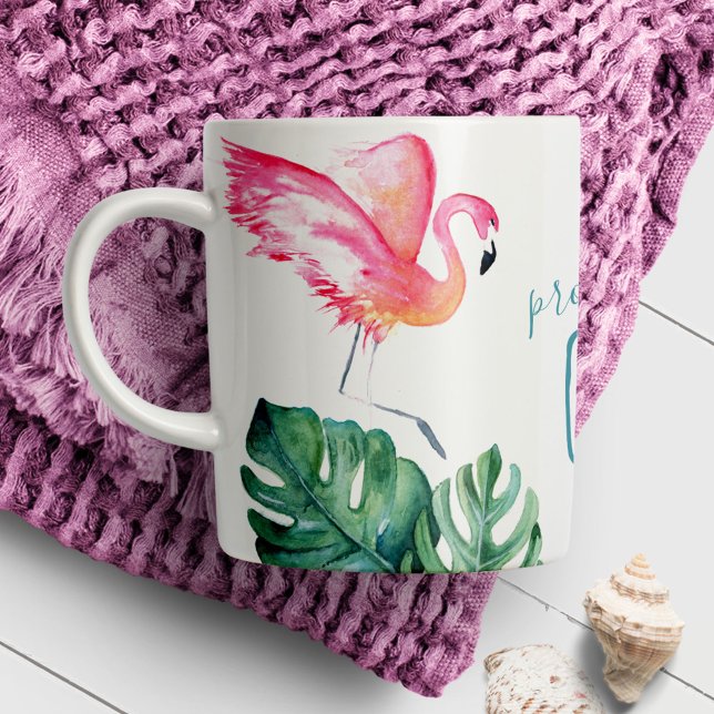 Watercolor Tropical Pink Flamingo Coffee Mug (Coffee mug features a watercolor pink flamingo and palm leaves art Victoria Grigaliunas DoTellABelle)