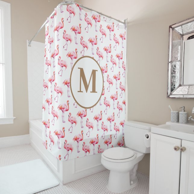 Watercolor Tropical Pink Flamingo | Gold Monogram Shower Curtain (In Situ)