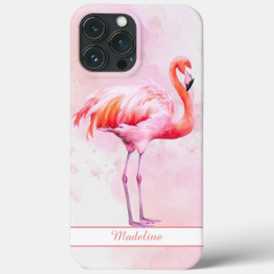Watercolor Tropical Pink Flamingo Personalise Name iPhone 13 Pro Max Case