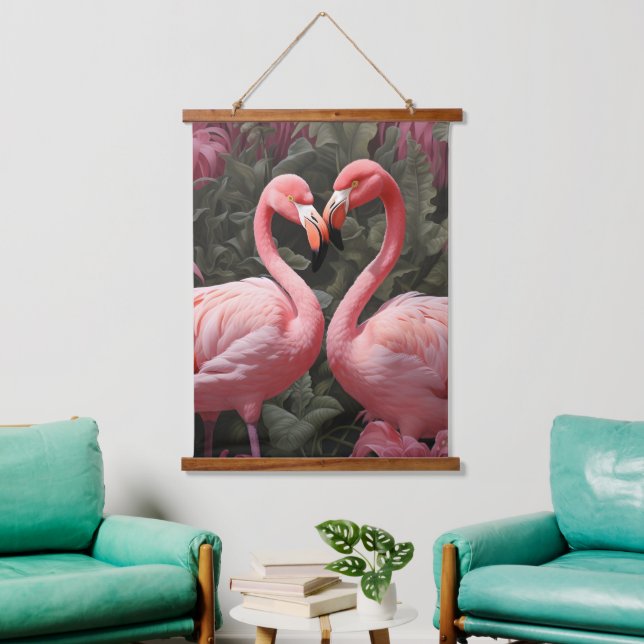 Watercolor Tropical Pink Flamingo Romance Hanging Tapestry (Living Room)