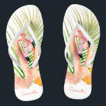 Watercolor Tropical Pink Flamingos with Your Name Jandals<br><div class="desc">Escape to a tropical paradise with this unique pair of personalised flip flops featuring a pair of showy pink flamingos and palm fronds. Edit the sample name shown in the design template for both the left and right shoe. These make wonderful gifts for all occasions and are especially nice for...</div>