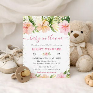 Watercolor Tropical Pink Flowers Baby Shower Invitation