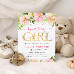 Watercolor Tropical Pink Flowers Baby Shower Invitation