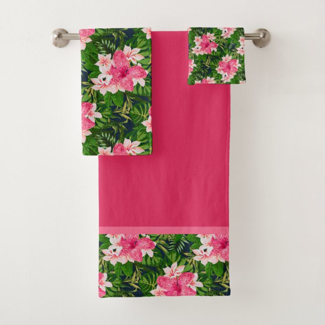 Watercolor Tropical Pink Flowers Bath Towel Set (Insitu)