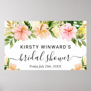 Watercolor Tropical Pink Flowers Bridal Shower Poster