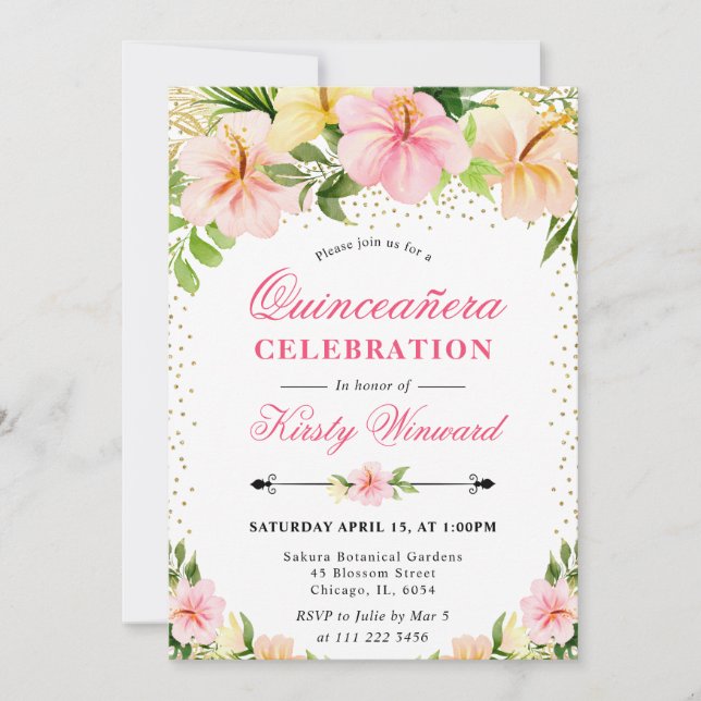 Watercolor Tropical Pink Flowers Quinceanera Invitation (Front)