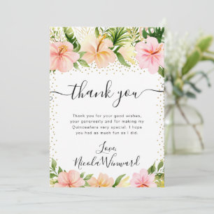 Watercolor Tropical Pink Flowers Quinceanera Thank You Card