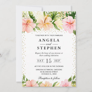 Watercolor Tropical Pink Flowers Wedding Invitation