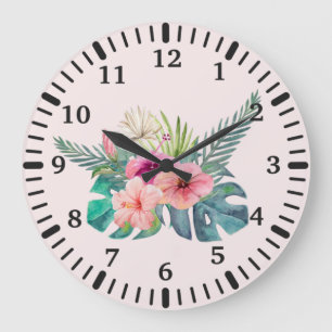 Watercolor Tropical Pink Hibiscus Flowers  Large Clock