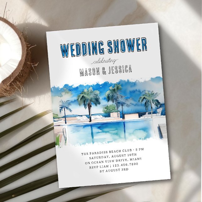 Watercolor Tropical Pool Summer Wedding Shower Invitation (Summer wedding shower invitation from the Couples Shower Invitation collection by Darling & May)