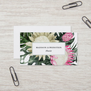 Watercolor Tropical Protea Monstera Greenery   Business Card
