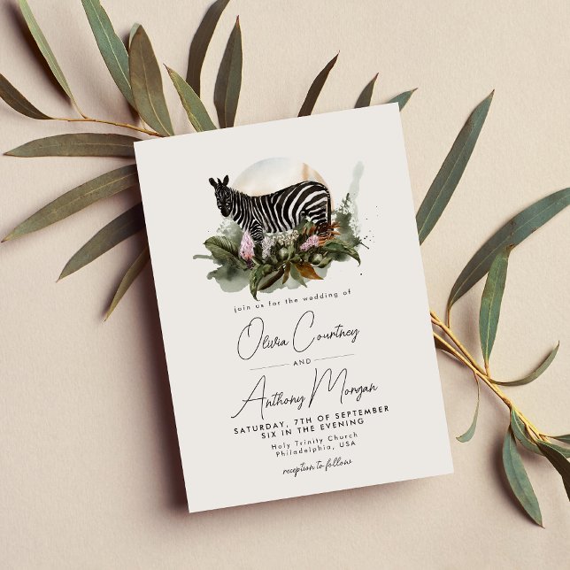 Watercolor Tropical Safari Jungle Zebra Wedding Invitation (Creator Uploaded)