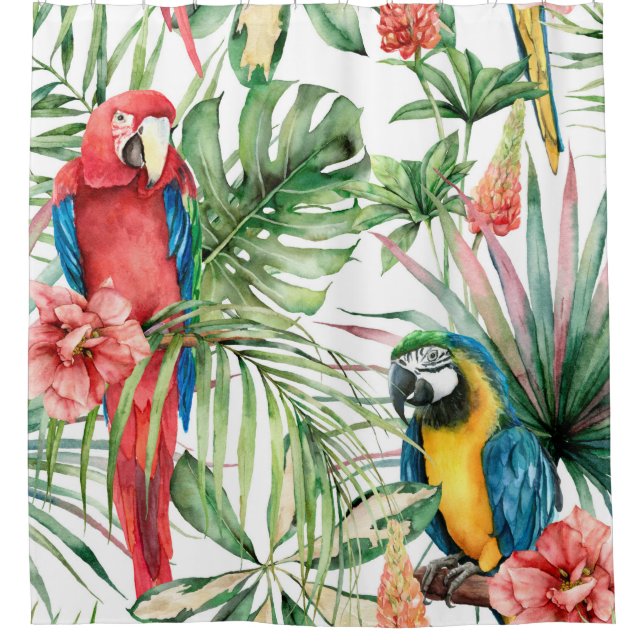 Watercolor tropical seamless pattern with parrots  shower curtain (Front)