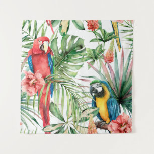 Watercolor tropical seamless pattern with parrots tapestry
