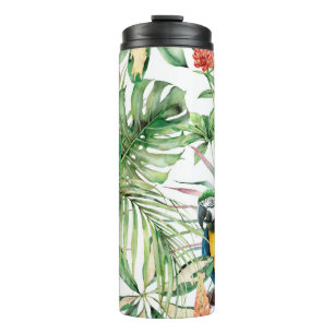 Watercolor tropical seamless pattern with parrots  thermal tumbler