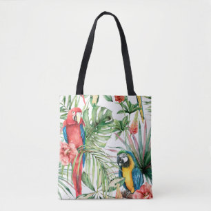 Watercolor tropical seamless pattern with parrots tote bag