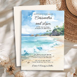 Watercolor Tropical Summer Beach Wedding Invitation<br><div class="desc">Beach themed wedding invitation with watercolor scene of a gorgeous blue ocean lapping the sand of a palm lined beach under the summer sky. Modern lettering with casual, handwritten style script. Perfect for a beach wedding, coastal wedding, summer wedding, sea wedding, nautical wedding, tropical caribbean island cruise wedding or any...</div>