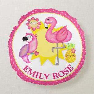 Watercolor Tropical Summer Flamingo & Parrot Round Cushion
