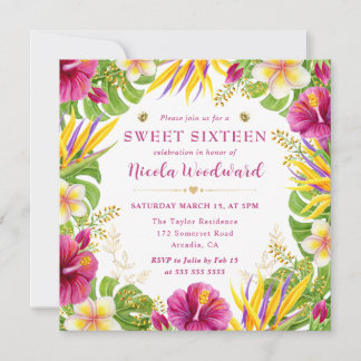 Watercolor Tropical Summer Flowers Frame Sweet 16 Invitation
