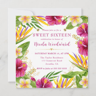 Watercolor Tropical Summer Flowers Frame Sweet 16 Invitation