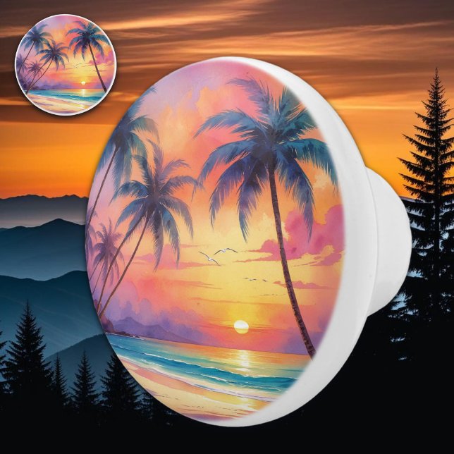 Watercolor Tropical Sunset Beach  Ceramic Knob (Creator Uploaded)