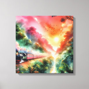 Watercolor Tropical Sunset Train Journey Canvas Print