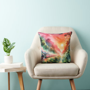 Watercolor Tropical Sunset Train Journey Cushion