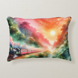 Watercolor Tropical Sunset Train Journey Decorative Cushion