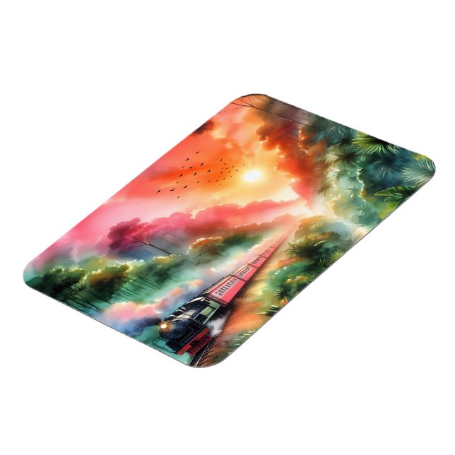 Watercolor Tropical Sunset Train Journey Magnet (Left Side)