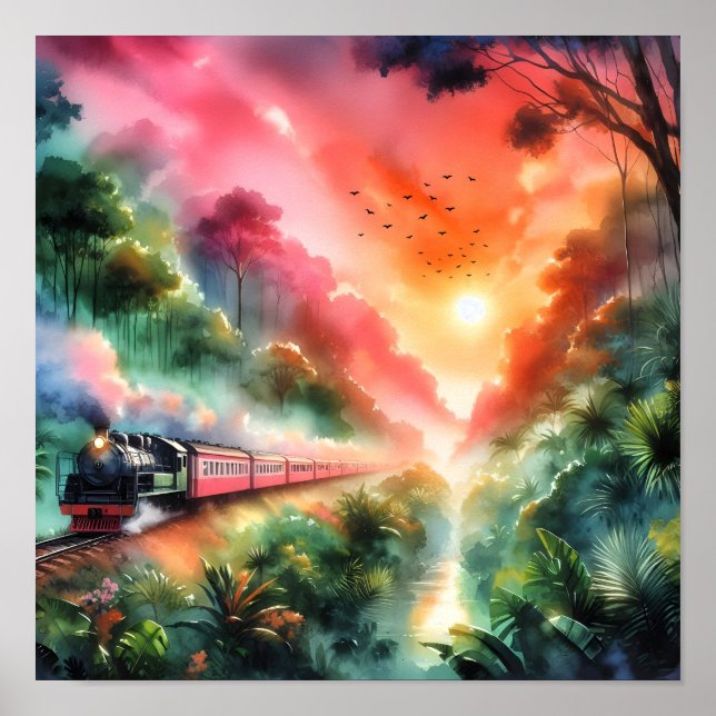 Watercolor Tropical Sunset Train Journey Poster (Front)
