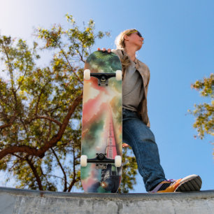Watercolor Tropical Sunset Train Journey Skateboard