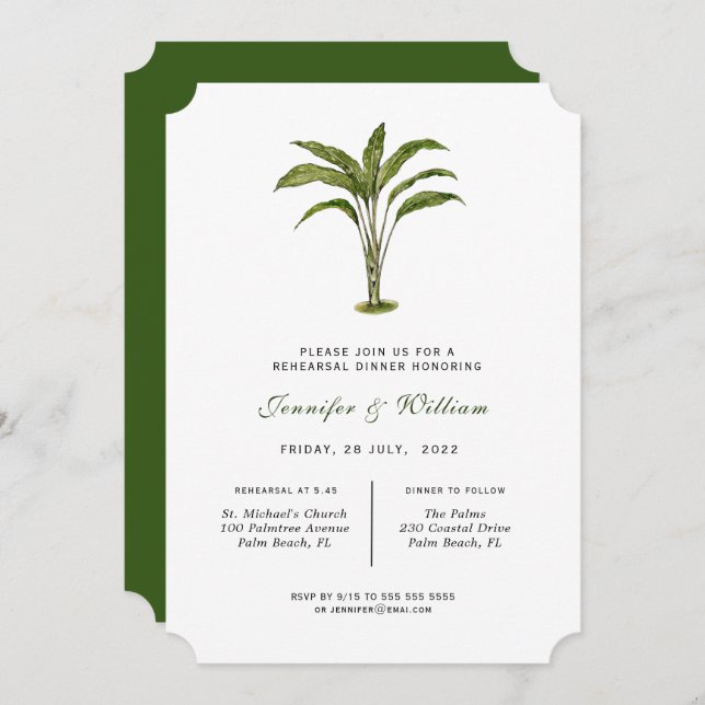 Watercolor tropical tree Rehearsal Dinner Announcement (Front/Back)