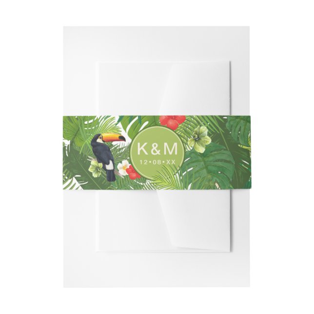 Watercolor Tropical w/Toucan Green ID577 Invitation Belly Band (Front Example)