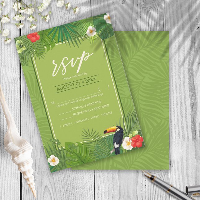 Watercolor Tropical w/Toucan Green ID577 RSVP Card (Creator Uploaded)
