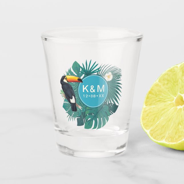 Watercolor Tropical w/Toucan Teal ID577 Shot Glass (Front)