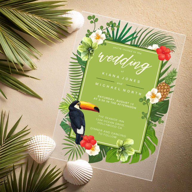 Watercolor Tropical w/Toucan Wedding Green ID577 Acrylic Invitations (Creator Uploaded)