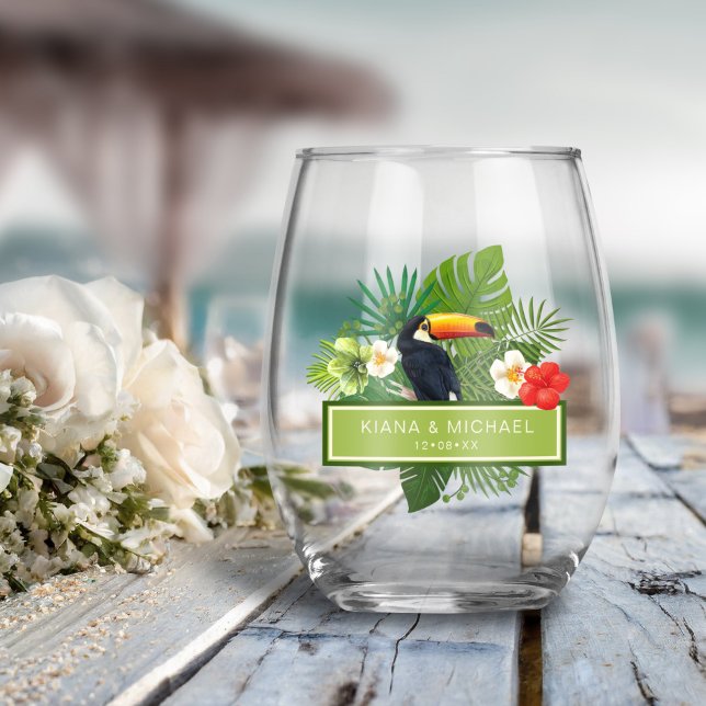 Watercolor Tropical w/Toucan Wedding ID577 Stemless Wine Glass (Creator Uploaded)