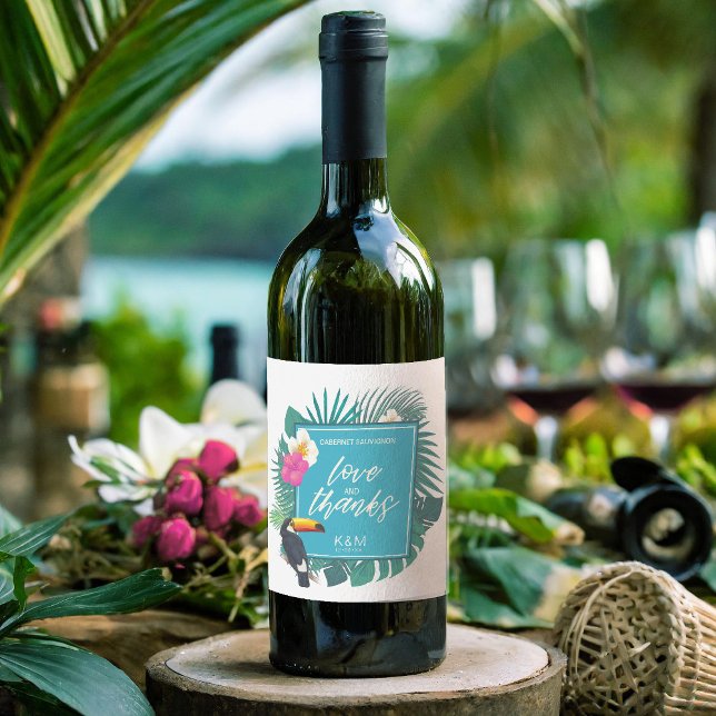 Watercolor Tropical w/Toucan Wedding Teal ID577 Wine Label (Creator Uploaded)