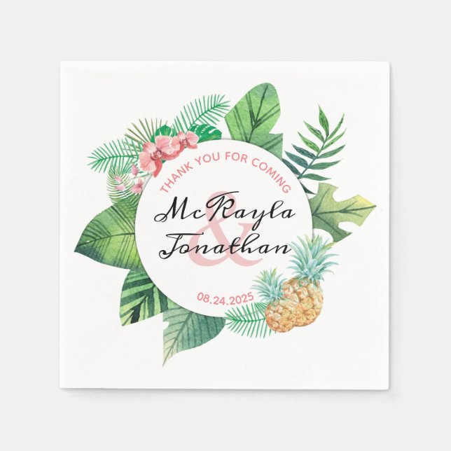 Watercolor Tropical Wedding Pineapple Orchid Leaf Napkin (Front)