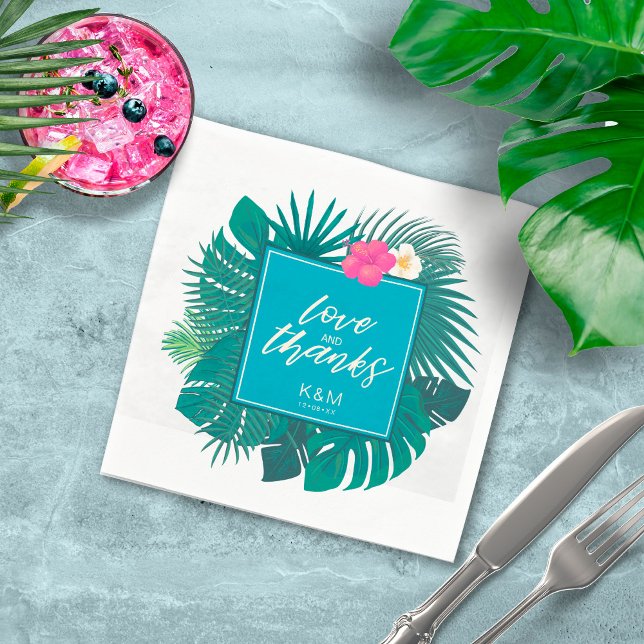 Watercolor Tropical Wedding Thanks Teal ID577 Napkin (Creator Uploaded)