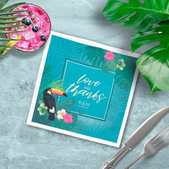 Watercolor Tropical Wedding Thanks Teal ID577 Napkin (Creator Uploaded)