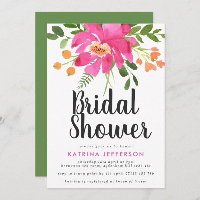 Watercolor Tropics Hot Pink Bridal Shower Invitation (Front/Back)