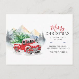 Watercolor Truck and Tree Merry Christmas Holiday Postcard
