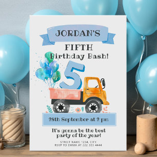 Watercolor truck birthday party with balloons invitation