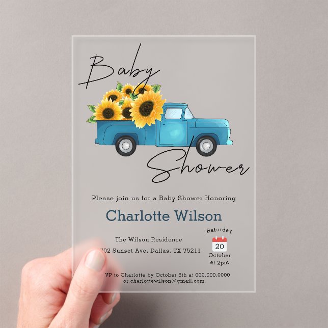 Watercolor Truck with Sunflower Baby Shower Acrylic Invitations (Insitu (Handheld))