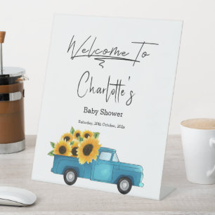 Watercolor Truck with Sunflowers Baby Shower Pedestal Sign