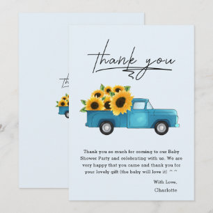 Watercolor Truck With Sunflowers Baby Shower Thank You Card