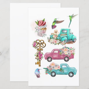 Watercolor trucks key bird to cut out and collage