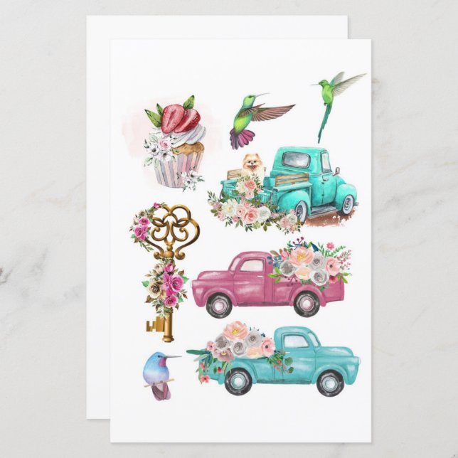 Watercolor trucks key bird to cut out and collage (Front/Back)